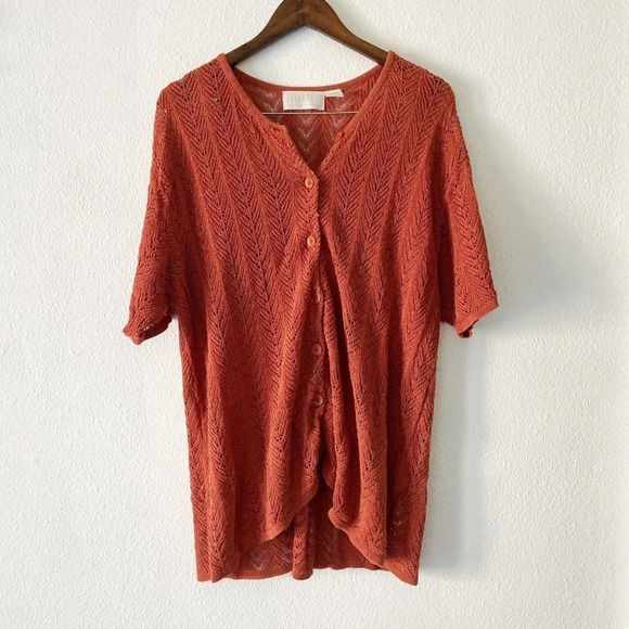 Liz Claiborne Retro Knit Crochet Shrug Jacket Rust Red XXL Grannycore Boho - Picture 1 of 10